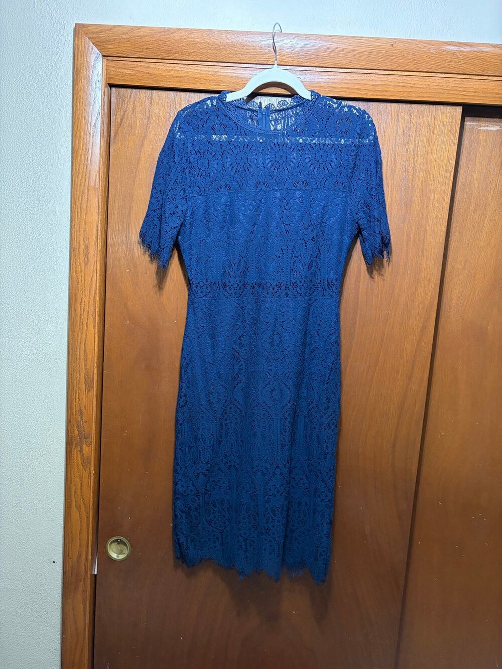 Lulus Navy Blue Lace Midi Dress Short Sleeve Sheath Dress Size Large
